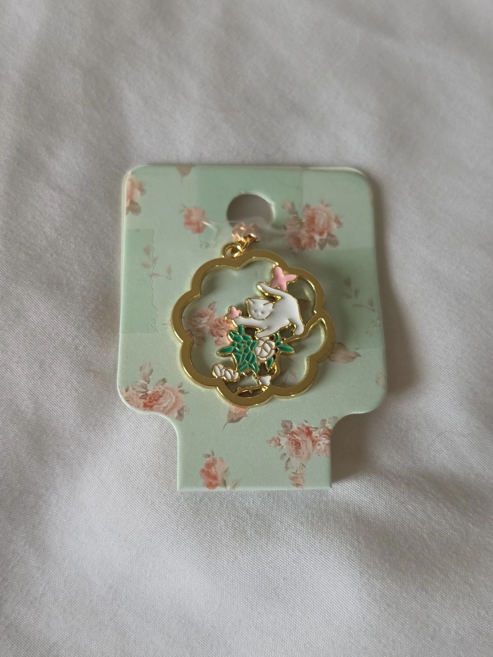 Gold Floral Cat Pendant Necklace - White & Green